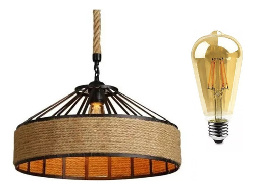 Corda Rústico Lustre Sisal Palha Madeira Boho Retro + Led Cor Preto 110V/220V