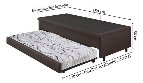 Bicama Box Baú Solteiro Courino Linho Marrom 88x188 Com Colchão Auxiliar Ecoflex