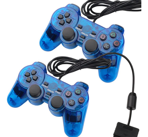 Kit 2 Controle Com Fio Compatível Com Ps1 Ps2 Plug And Play Azul