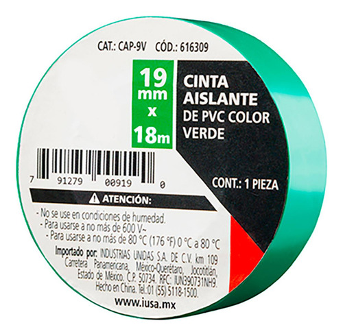 Cinta Aislante 19 Mm X 18 M Verde