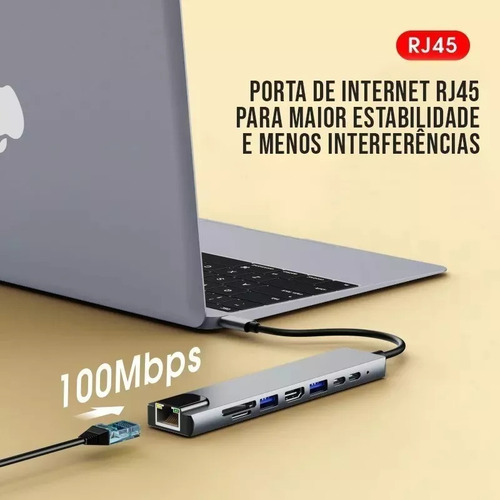 Hub Adaptador 8 em 1 Dock Station USB-C de 8 Portas com Hdmi, Ethernet RJ-45, USB 3.0, USB-C e MicroSD/SD/TF Exbom UDC-PHNR1008A Compatível Com Pc, Notebook E Macbook