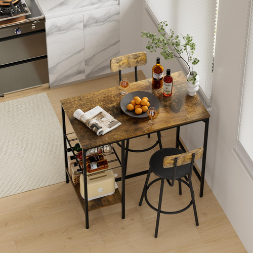 Mesa De Comedor Alta Con Almacenamiento Y 2 Taburetes, 3 Pie
