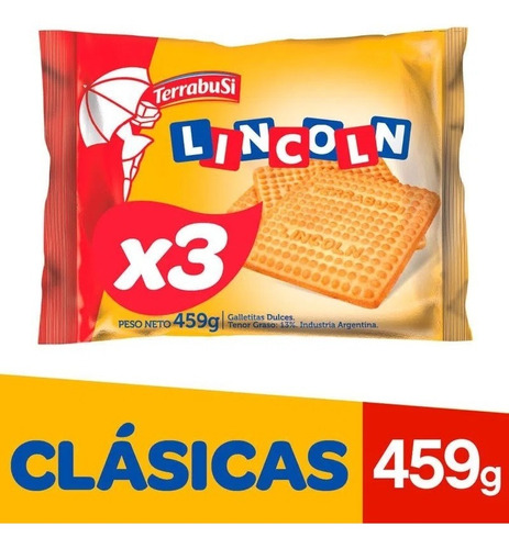 Galletita Terrabusi Lincoln  clásicas sin sal 459 g pack x 3