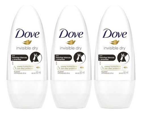 X3 Desodorante Dove Roll On Invisible Dry 50ml Anti Manchas