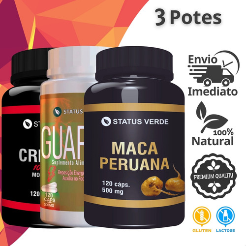 Kit Creatina Com Guaraná e Maca Peruana Pura 120 Cáps Por Pote Status Verde