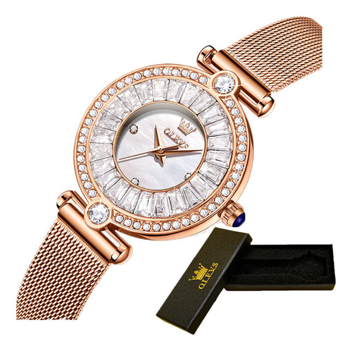 Elegante relógio de quartzo Olevs com pulseira de malha de diamante, cor de fundo branco