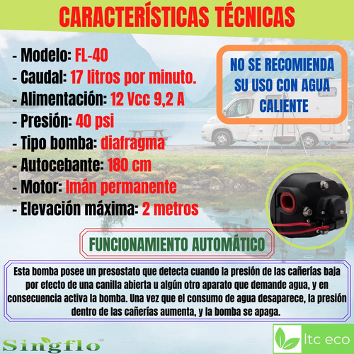 Imagen 4 de 9 de Bomba De Agua 12v 17 Lpm Presurizadora Motorhome Riego