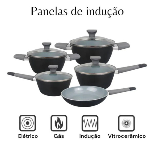 Jogo De Panelas Revestimento Cerâmico Indução Preto 5 Peças