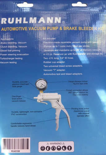 Bomba Vacio Purga Freno Prueba Sensores Tipo Mityvac Ruhlman