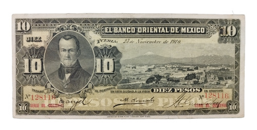 Billete 10 Pesos Banco Oriental México 1910 Buen Estado