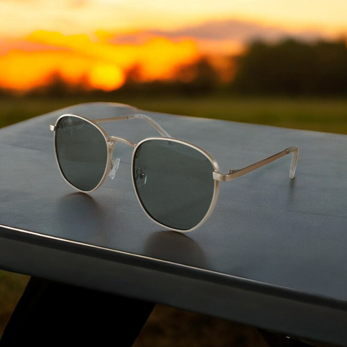 Lentes De Sol Unisex Con Armazón De Metal Ligero Redondo Verde Oscuro Plateado