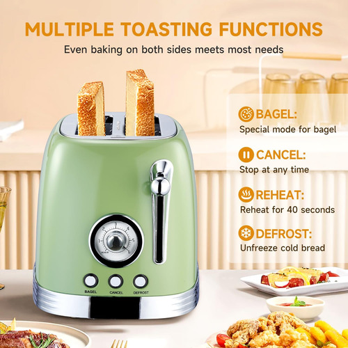 Tostadora Retro 2 Rebanadas, Verde Con Tapa De Acero Inox