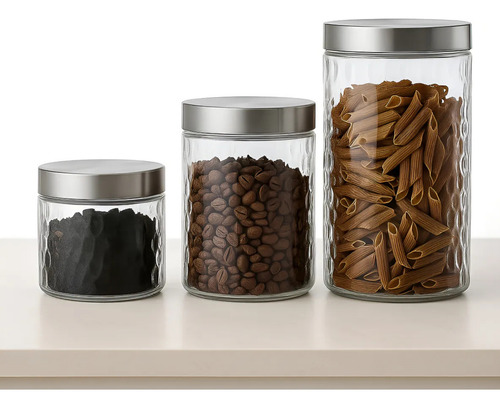 Kit 3 Potes De Vidro Com Tampa Inox Alimentos Mantimentos