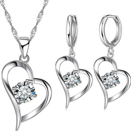 Cadena Pendientes Conjunto Plata 925 Corazón Con Aros Dije