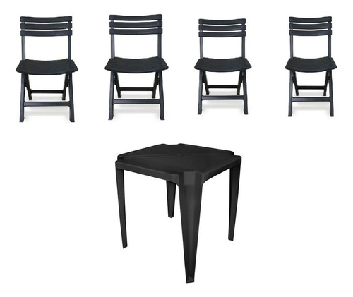 Kit Mesa De Plástico Monobloco Preta Com 4 Cadeiras Dobrável Cor Preto