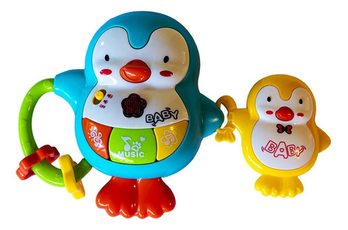 Sonajero Musical Bebe Pingüinos Con Luz Y Sonidos Color Celeste