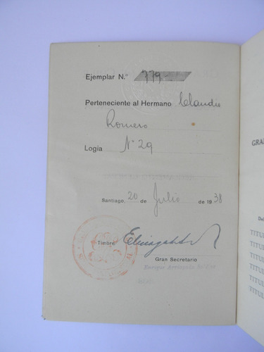 Constitución Gran Logia De Chile 1930 Firmada Numerada (Usado)