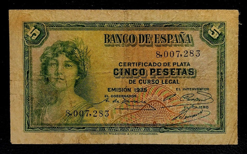 España Billete 5 Pesetas 1935 Bueno Sin Serie Pick 85