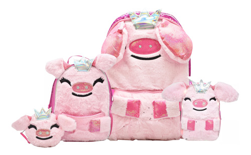 Mochila Lonchera Y Lapicera Cerdita Princesa Con Tutu Con Luz Peluche Lentejuela Reversible Rosa Primaria Ll20bpd28