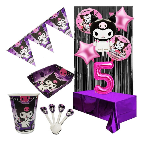  Kit Decoración Kuromi X12 Niños + Bouquet+ Cortina + Numero