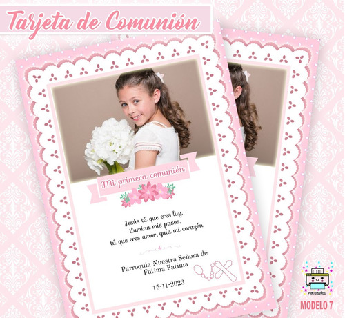 Tarjeta Estampita Comunión Nena Whatsap Imprimir Con Foto M7