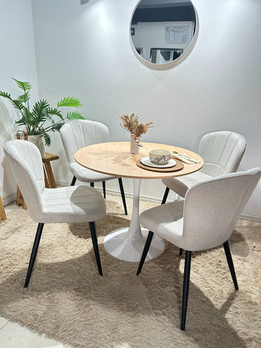 Mesa De Comedor Tulip Redonda 90cm Base Metal Marrón Claro Blanco
