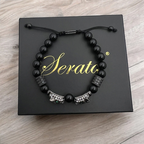 Pulsera Hombre Jaguar Premium Piedra Negra Regal Caja Serata Plateado/negro 19 Cm