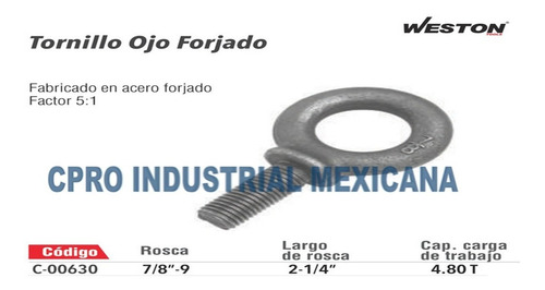 Tornillo Forjado Ojo 7/8 X2-1/4 Paquete Con 2 Piezas