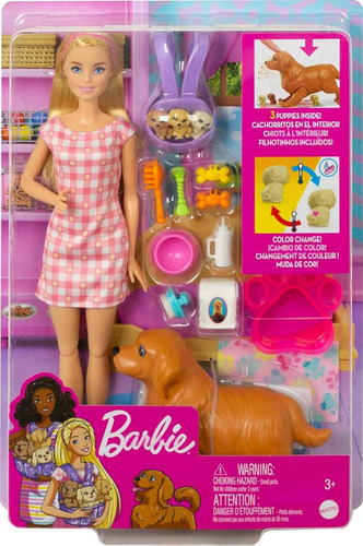 Muñeca Barbie Y Mascotas, Muñeca Rubia Con Mamá Perra, 3 Cac