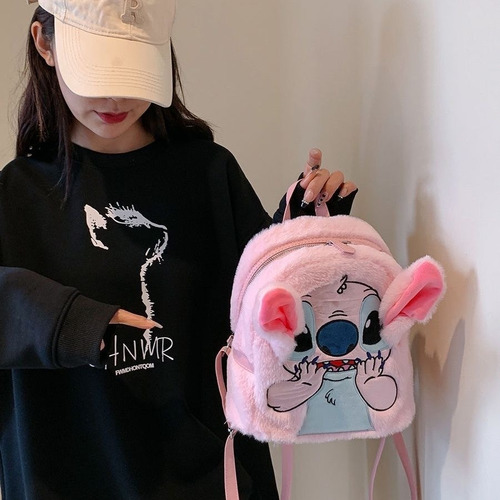 Pink Stitch Design New Ins, versátil y bonita mochila de felpa rosa, diseño de tela lisa