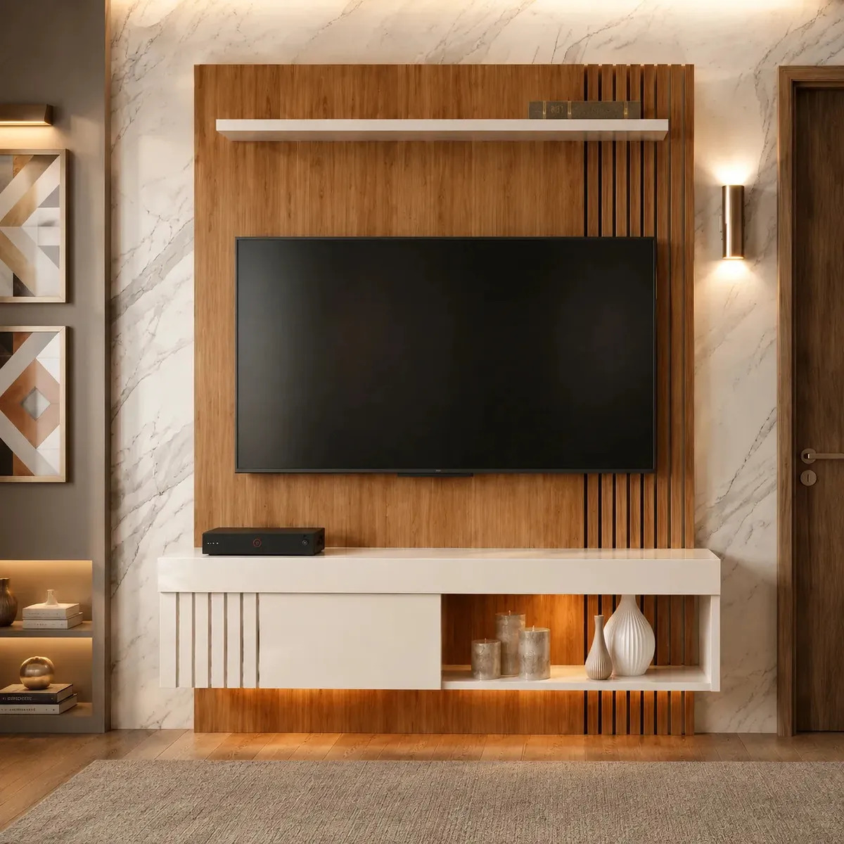 Painel Bancada Suspenso Para Tv Jade Caemmun Design Sala Moderna Cor Freijó/off White