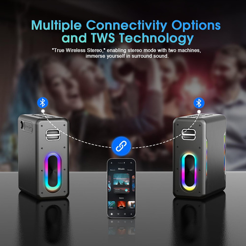 Máquina De Karaoke Bluetooth Con 2 Micrófonos Y Luces Led