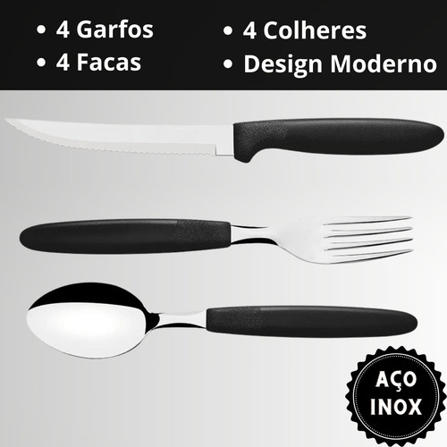 Faqueiro Inox Jogo De Talheres 12 Peças Completo Aço Inox Cor Preto