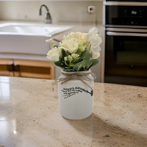 Planta Artificial Macetero Ceramica Blanco Con Hortensias