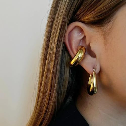 Aretes De Oro Grueso Para Mujer, Aretes Falsos Huggie Redond