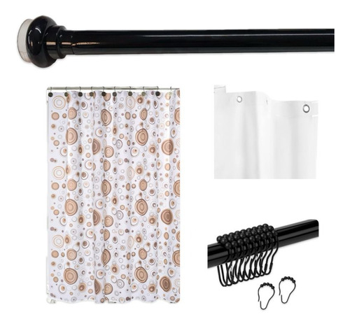 Combo De Baño Con Cortina De Ducha Protector Barral Ganchos Circulos Beige