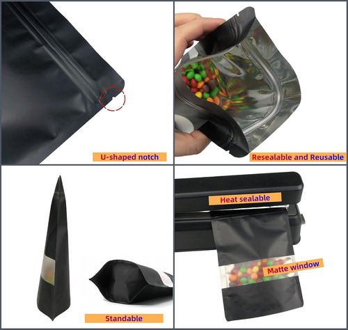 100 Bolsas Stand Up Pouch Negras Con Ventana Para 40g