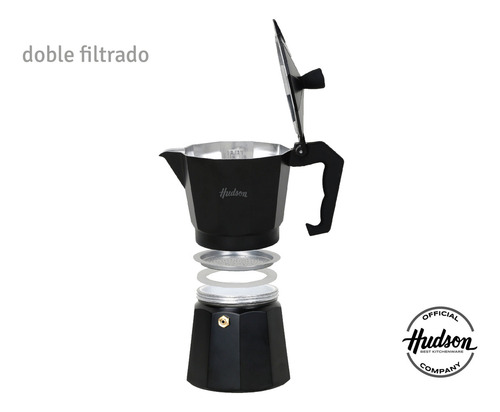 Cafetera Aluminio Hudson Black Estilo Italiana 6 Pocillos