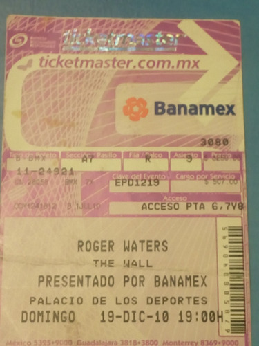 Boleto Ticketmaster, Concierto Roger Waters (Usado)