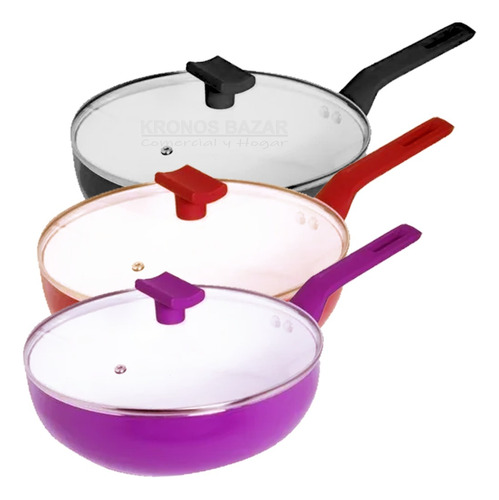 Wok Ceramica 26 Cm Sarten Premium Tapa Vidrio Asas Silicona