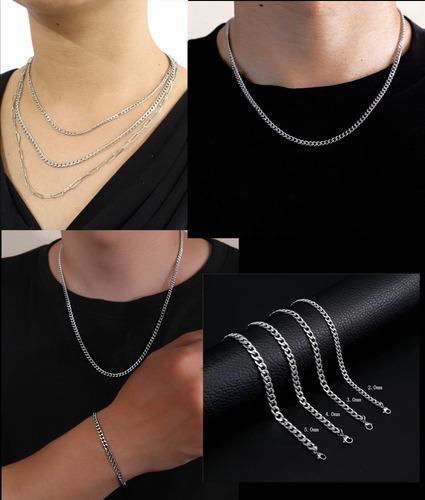 2 Cadena Eslabón / Acero Inoxidable / Collar Unsex Calidad Plateado