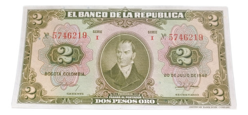 Colombia 2 Pesos Oro 1942 Sin Circular 