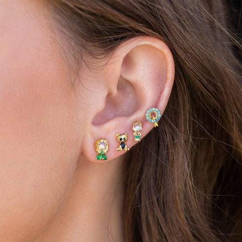 Set De 4 Aretes De Merida, En Chapa De Oro 18k Y Zirconias