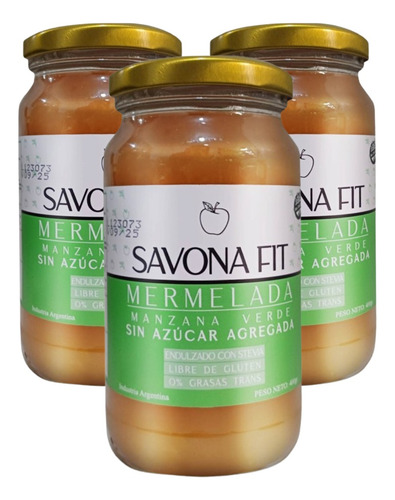 Mermelada De Manzanas Verdes Savona Fit Sin Tacc 400g X3