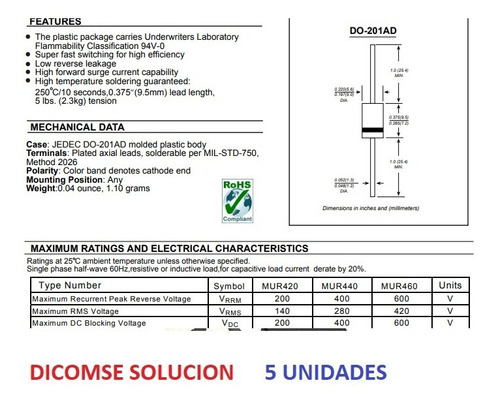 Mur440 Diodeo Rapido  400v Do201 50ns Motorola X 5 Unidades