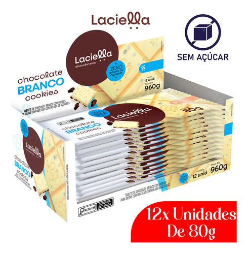 Laciella Chocolate Branco Cookies Zero Açúcar - 80g - 12 Uni