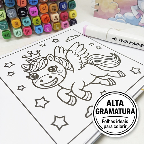 Livro De Colorir Unicórnios Fofos Capa Dura Colorido 50fls Desenhos Variados