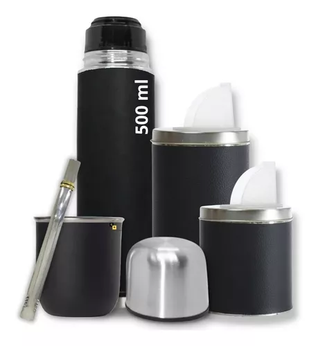 Kit de mate de 6 piezas. Termo bala de 1 Litro, 2 latas con vertedor, mate  de acero inoxidable, bombilla de acero inoxidable y caja…