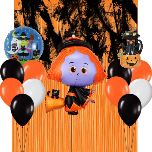 Combo Cumpleaños Globos Temática Halloween Negro Naranja