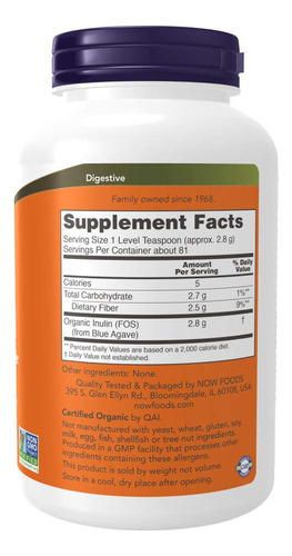 Now Suplementos, Polvo Puro Prebiótico De Inulina, Orgánic